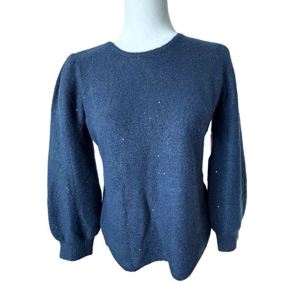Chico’s Y2K Sequin Pullover Puff Sleeve Midnight Blue Sweater SZ S NWT - Picture 1 of 9